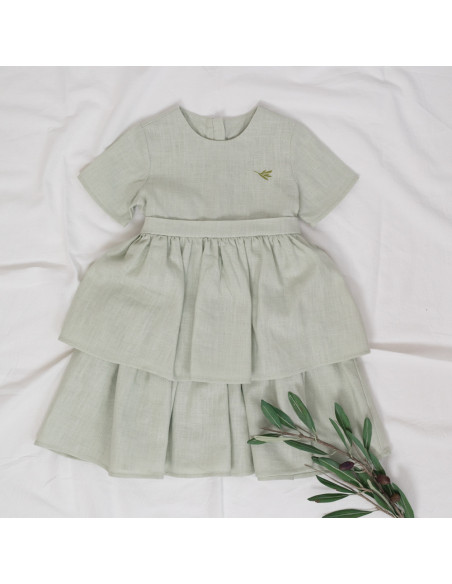 rochie din in verde ou de rață cu volane